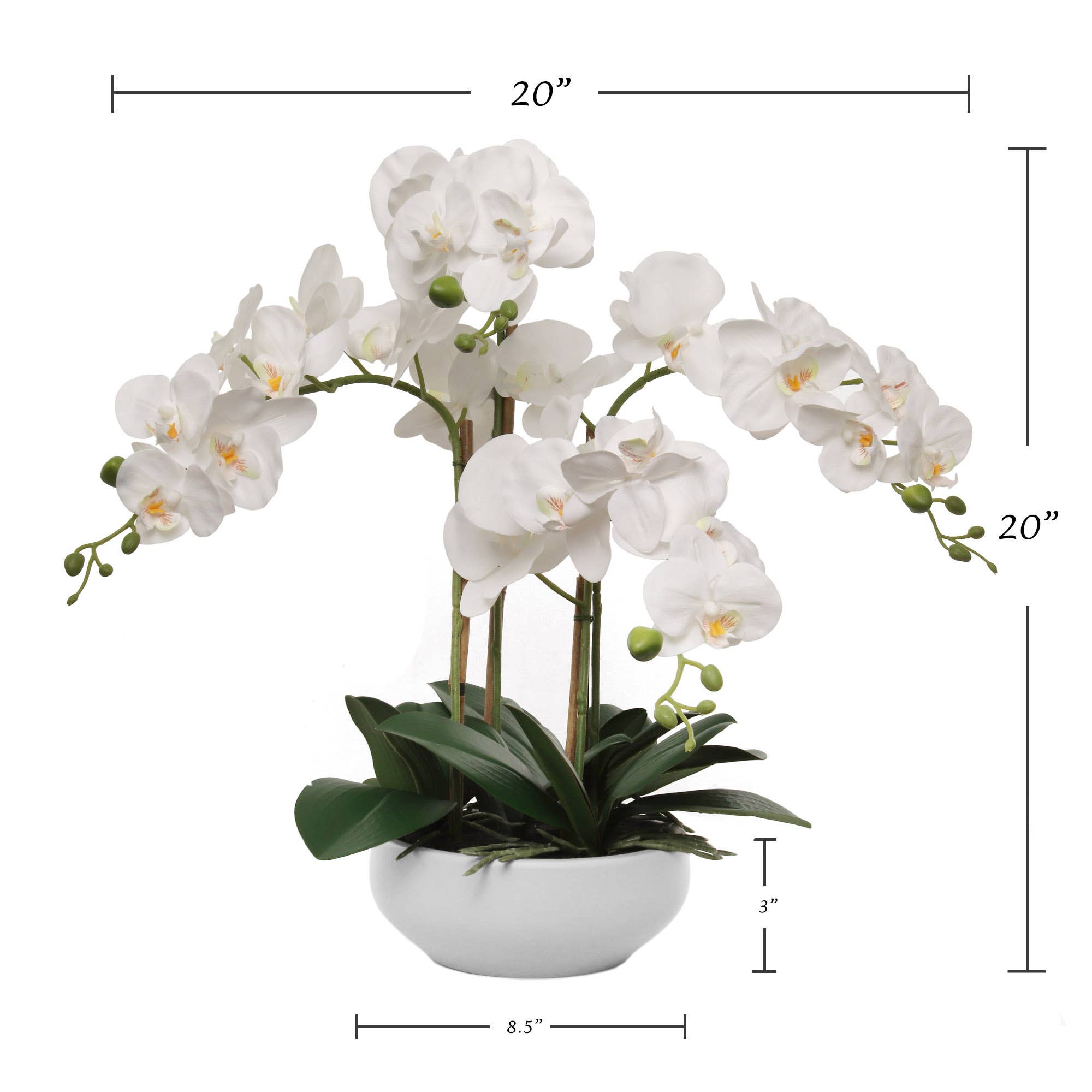 Larksilk – wholesale Artificial flowers – 20" White Phalaenopsis Orchid Flowers In 8" Round White Pot4
