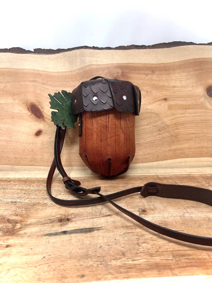 Customizable Large Leather Acorn Crossbody Bag for wholesale by Frost & Ember Creations, LLC