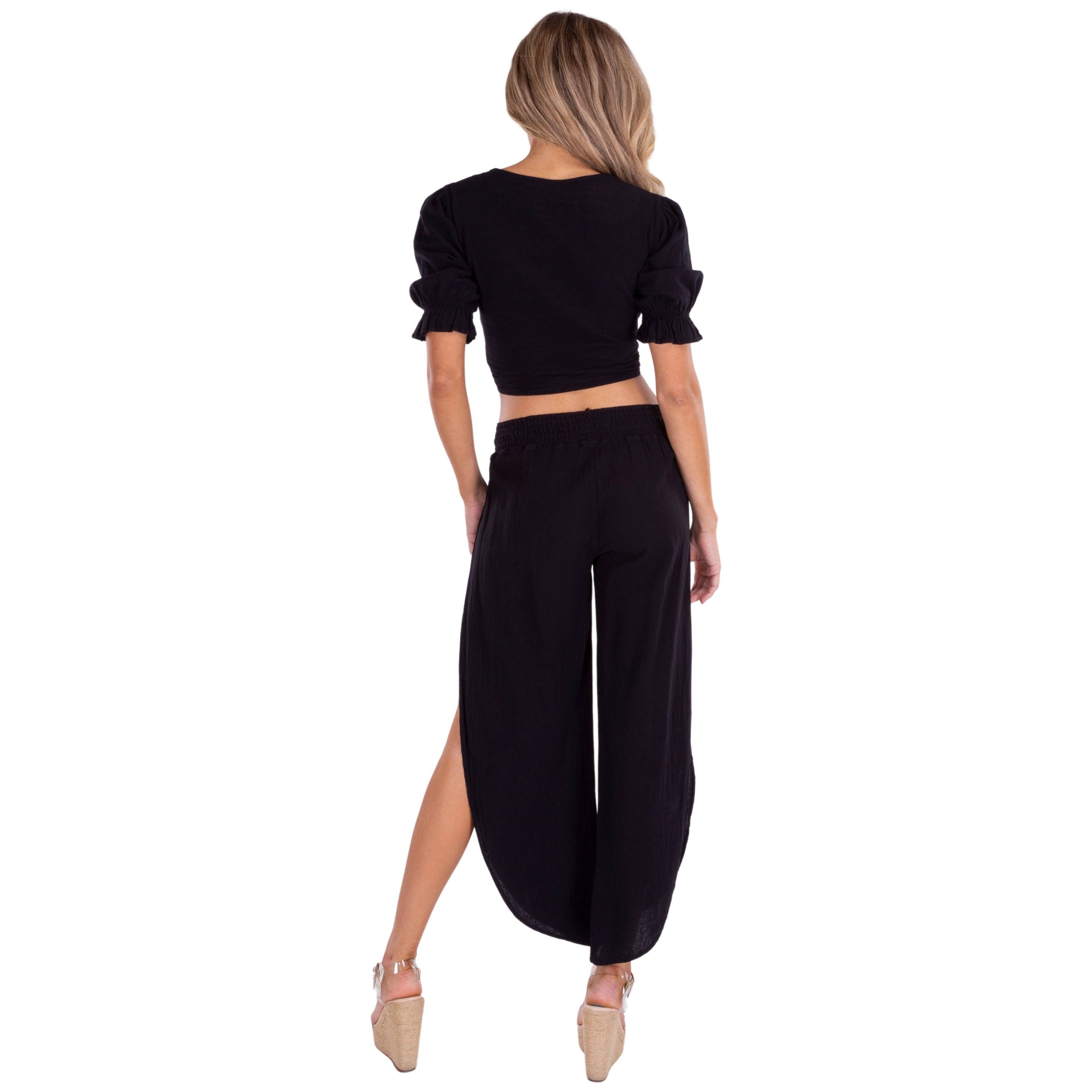 Tie-Front Puff Sleeve Cotton Crop Top – Black for wholesale on Faire6