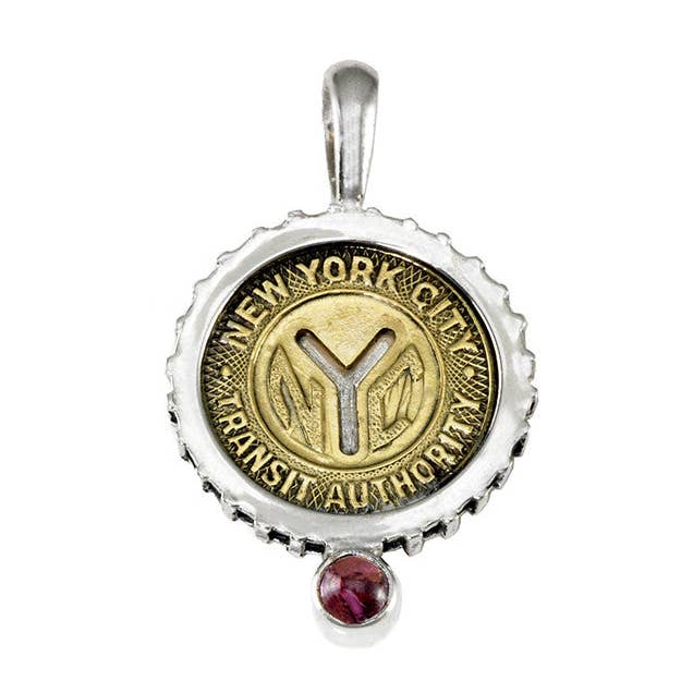 October NYC Authentic Subway Token Pink Tourmaline Sterling Silver Charm Necklace for wholesale by Cynthia Gale New York