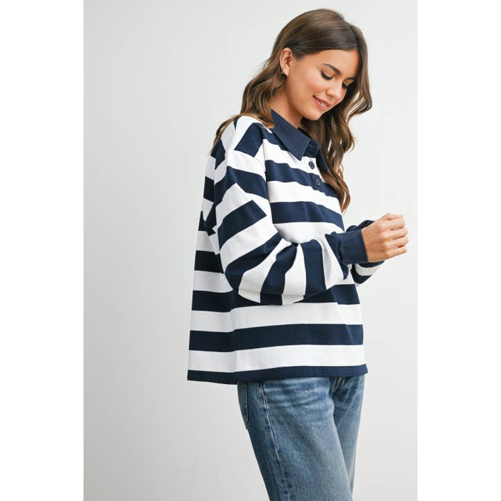 BUTTERMELON - Wholesale Sweatshirt - Women's - Striped Quarter-Buttoned Collared Sweatshirt - BMT80793