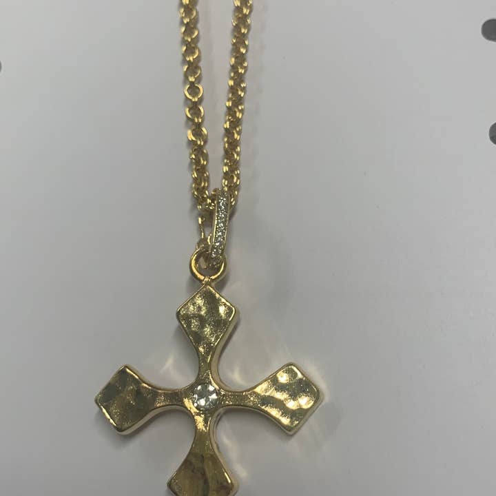 Hammered Cross Pendant Necklace with CZ Accents on 32" Chain for wholesale by Weisinger Designs