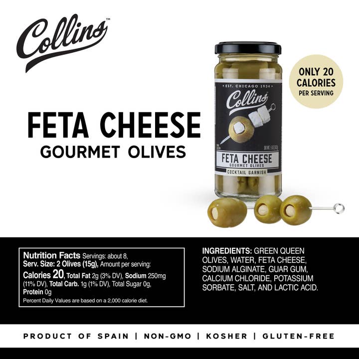 Collins - Wholesale Olives - Gourmet Feta Cheese-Stuffed Cocktail Olives - 5 oz