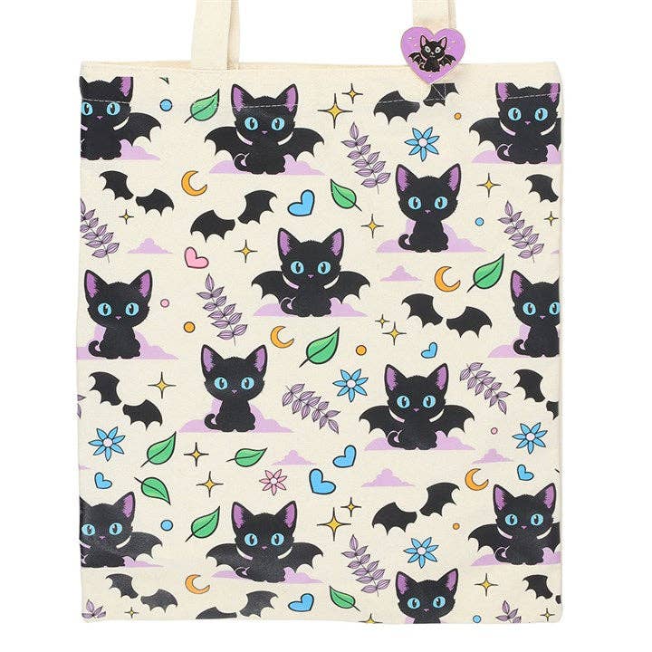 Something Different Wholesale - Wholesale Tote Bag - Women's - Cute and Creepy Black Cat Print Polycotton Tote Bag with Enamel Pin2
