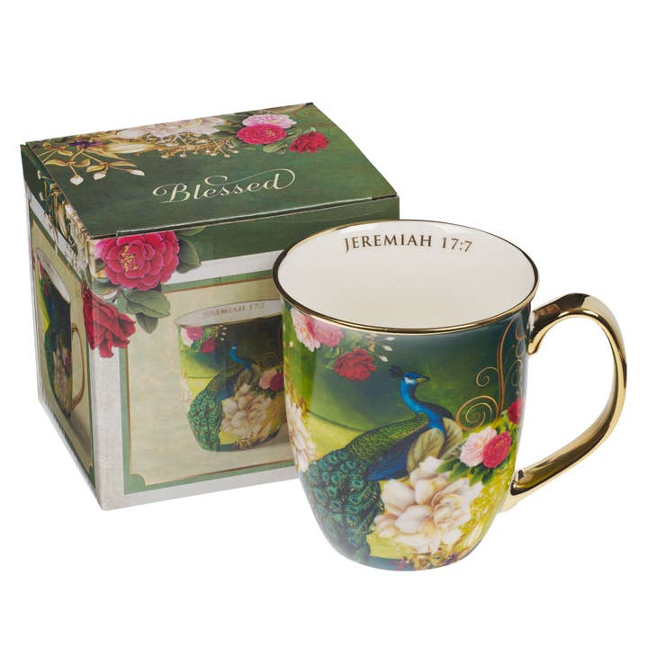 Christian Art Gifts - Wholesale Coffee Mug - Mug Blue/White Peacock Blessed Jer. 17:72
