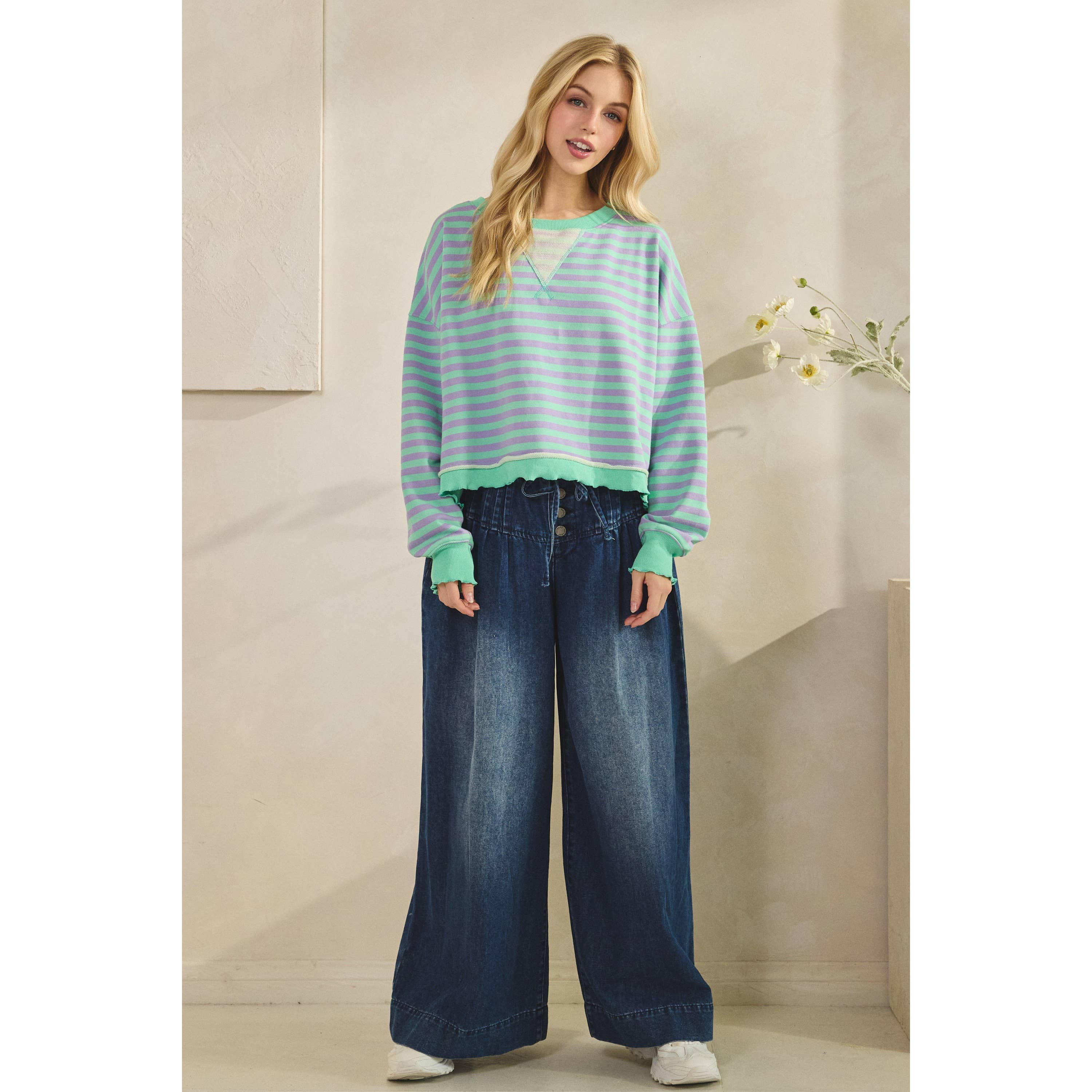 Veveret - Wholesale Tunic - Women's - Cropped Striped French Terry Top6