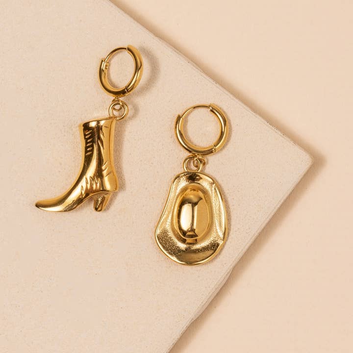 Frem - Wholesale Dangle Earrings - Western Boot and Hat 18K Gold Dip Stainless Steel Earrings