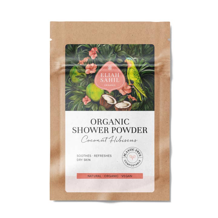Poudre de douche bio noix de coco hibiscus | format voyage 10 g pour la vente par Eliah Sahil