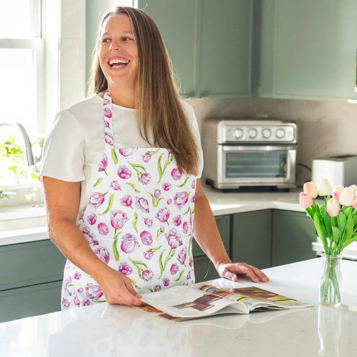 Pink Floral Apron Tulip Design Kitchen Apron Easter Gift for wholesale by Alla Dickson Art