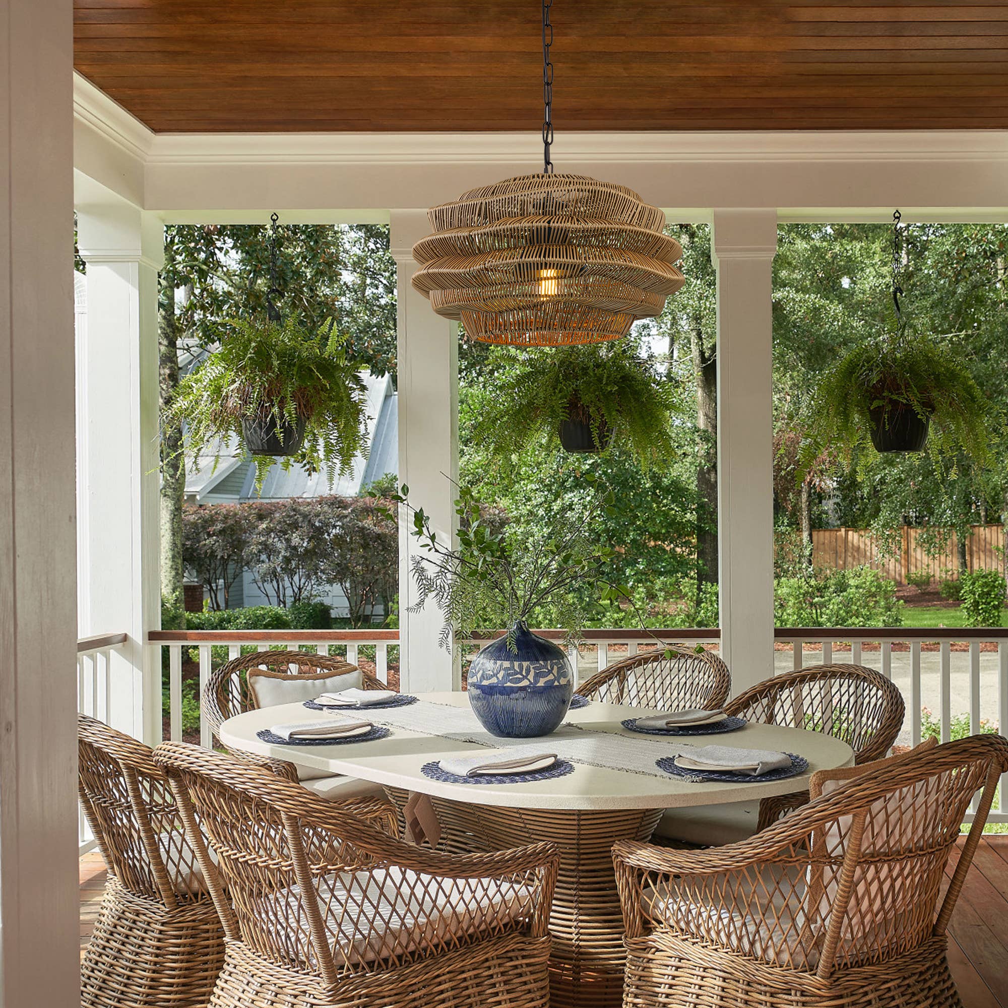 ELE Light & Decor - Vente Lustre/Suspension - Suspension en rotin côtier d'extérieur à 1 lumière avec abat-jour marron11