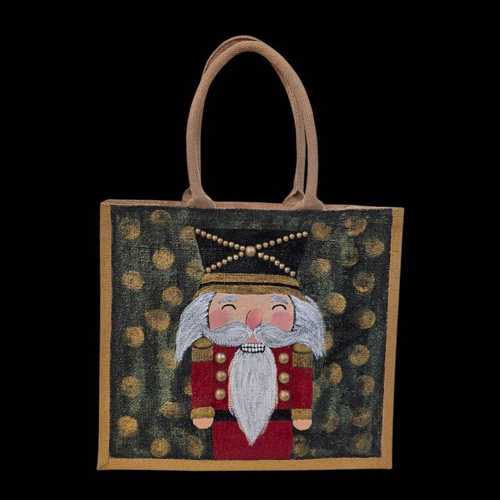 Dana's Uncommon Glass - Wholesale Tote Bag - Women's - Smiling Nutcracker Hand-Painted Jute Tote Bag (Golden Bokeh)1