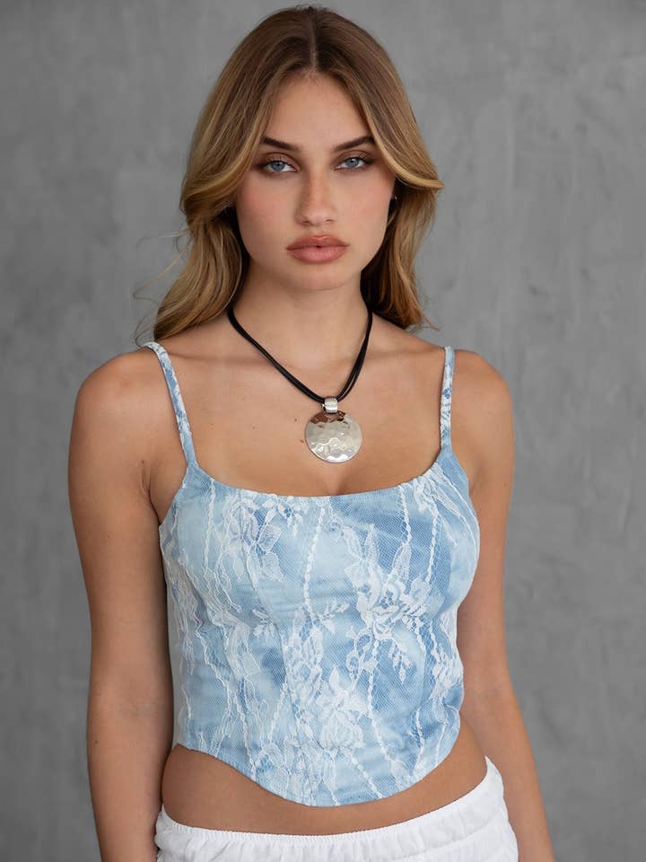 BLU BIANCO Corsetto Bustier in Pizzo AURIE in Twill Elasticizzato Effetto Denim in vendita all'ingrosso su Faire0