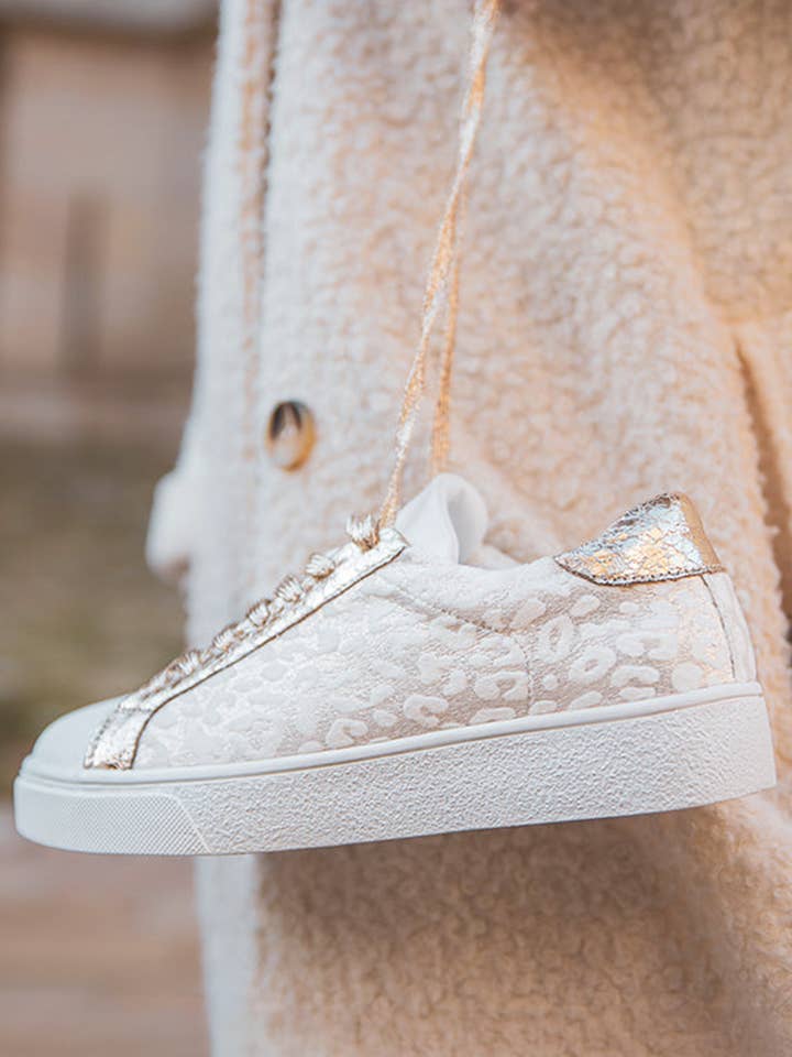 White Leopard Print Glitter Patched PU Leather Lace-up Shoes for wholesale on Faire1