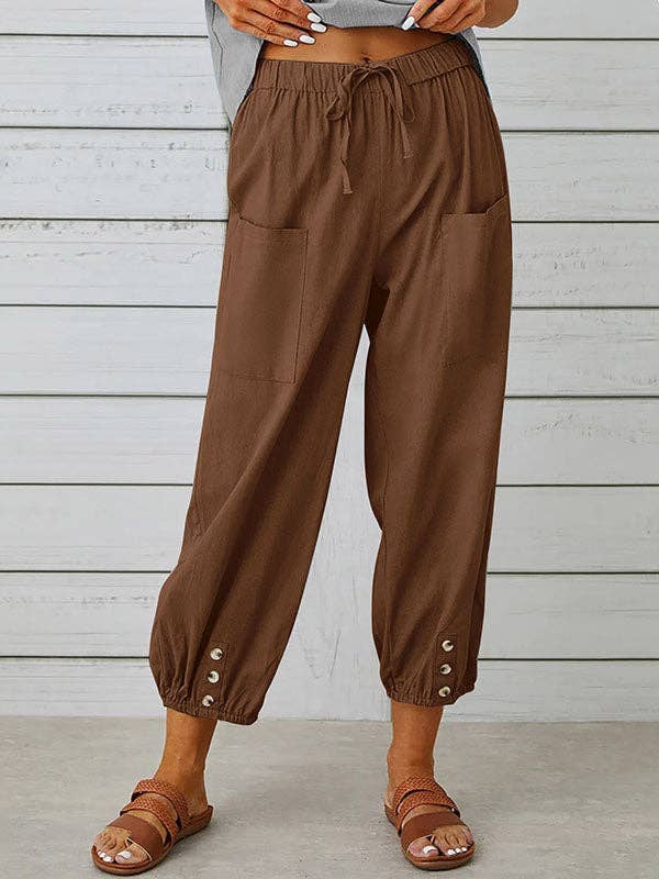 Plush Looks - Wholesale Pants - Women's - High Waisted Loose Buttoned Drawstring Elasticity Pockets Split-Joint Ninth Pants Trousers0