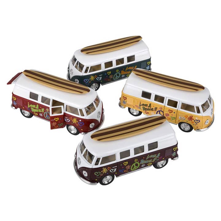 The Toy Network - Wholesale Toy Car/Truck - Kids - 5" Diecast Pull Back 1962 VW Bus/Surfboard 12/Disp1