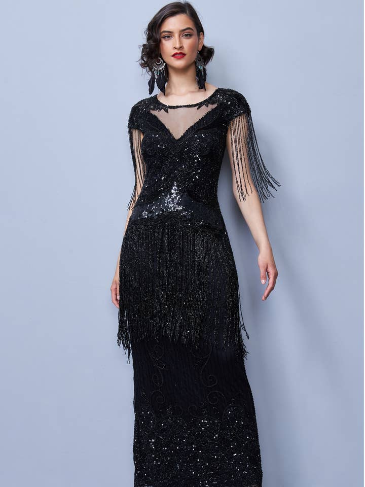 Vestido Largo con Flecos Ethel Maxi en Negro para venta al por mayor de Gatsbylady London