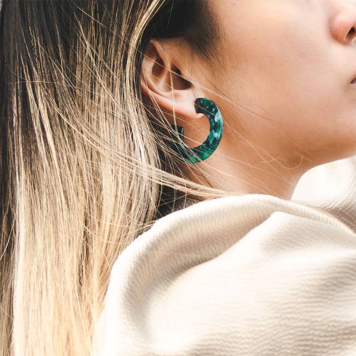 Dark Green Tortoiseshell Chunky Hoop Earrings for wholesale by Amber & Orange