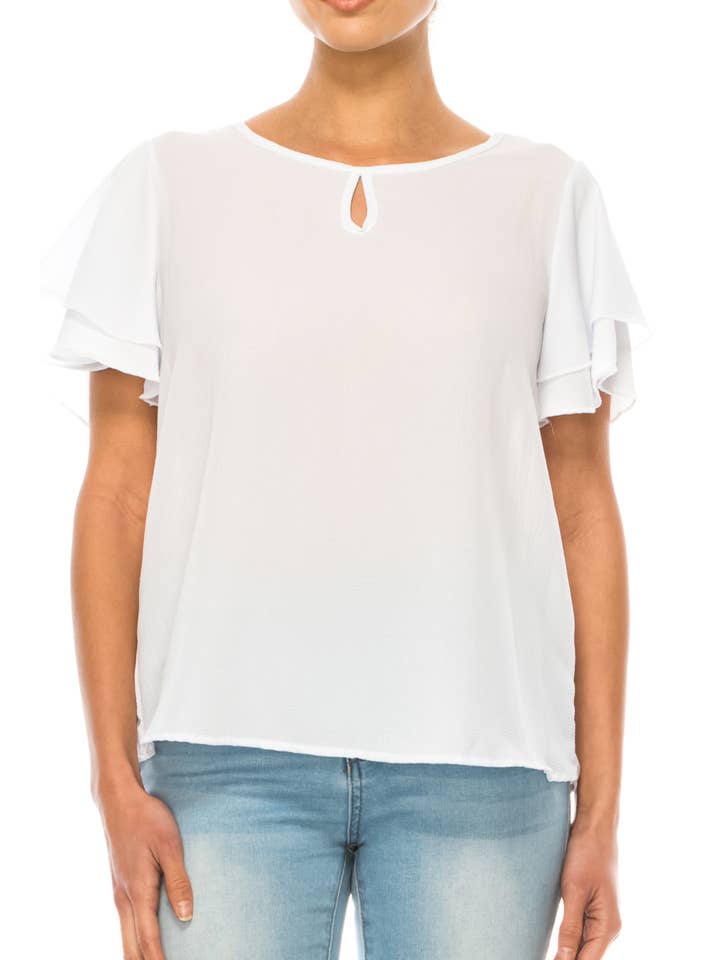 MOA COLLECTION - Wholesale Blouse - Women's - Casual Solid Flowy Short Flutter Sleeve Key Hole Blouse32