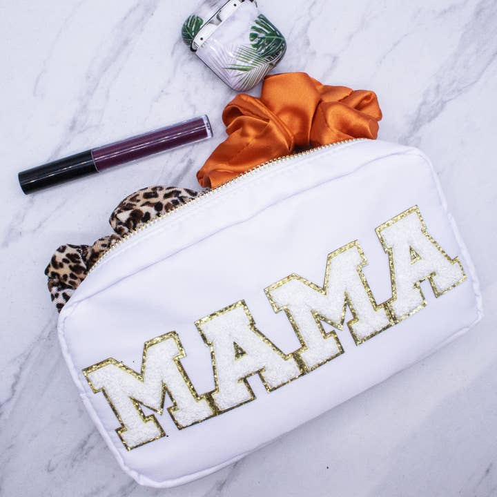 Natalia - Wholesale Pouch - Women's - Preppy White Nylon Glitter Chenille Letter Patch Bag - MAMA