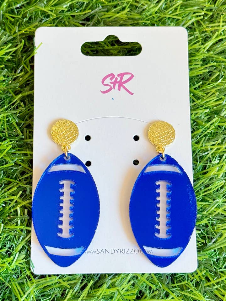 Blue Mirror Acrylic Football Dangle Earring for wholesale by Sandy + Rizzo