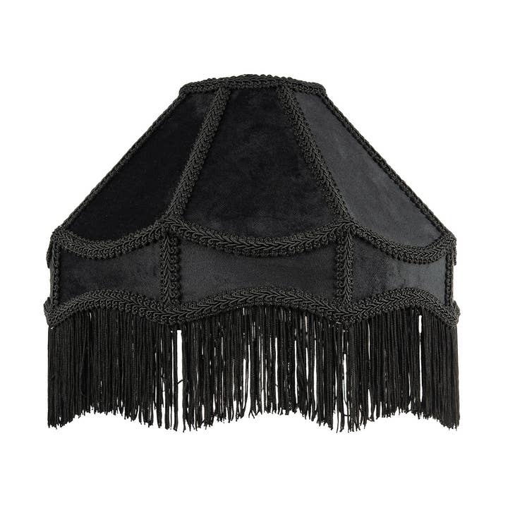 Traditional Victorian Empire Lamp Shade in Jet Black Velvet with Long Tassels for wholesale by Happy Homewares