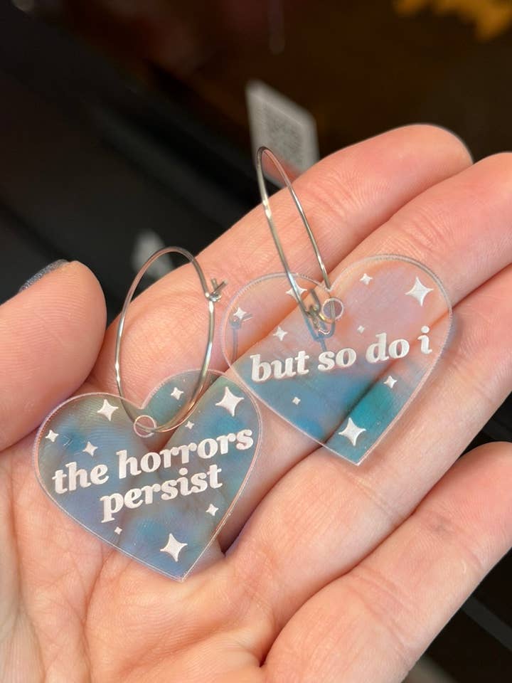 The Horrors Persist But So Do I Heart Hoop Earrings for wholesale by ShlemonArt