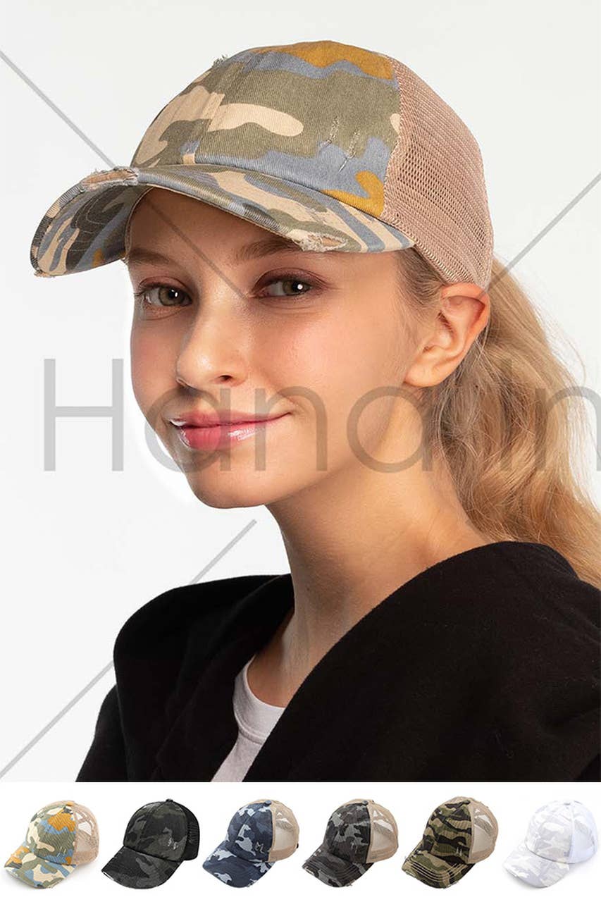 Hana - Wholesale Ponytail Cap - Women's - C.C Denim Camouflage with Crossed Elastic Band Pony Cap6