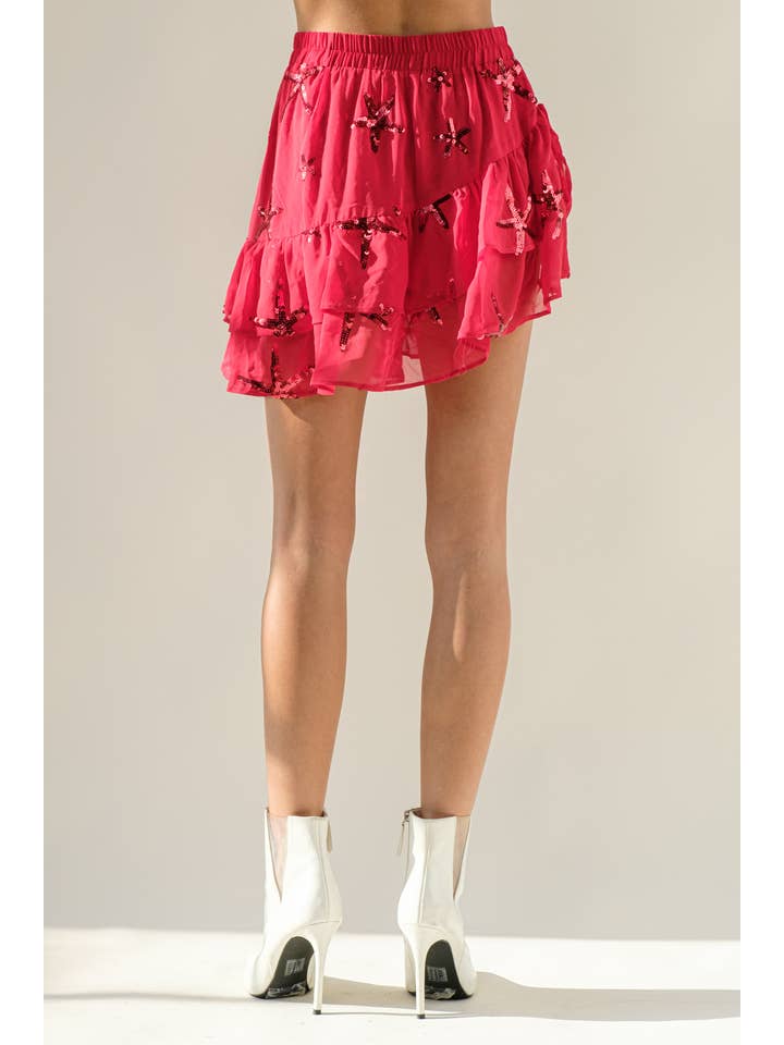 RØD 32425S - Chiffon Stjerne Paillet Print Asymmetrisk Nederdel for engroshandel på Faire2