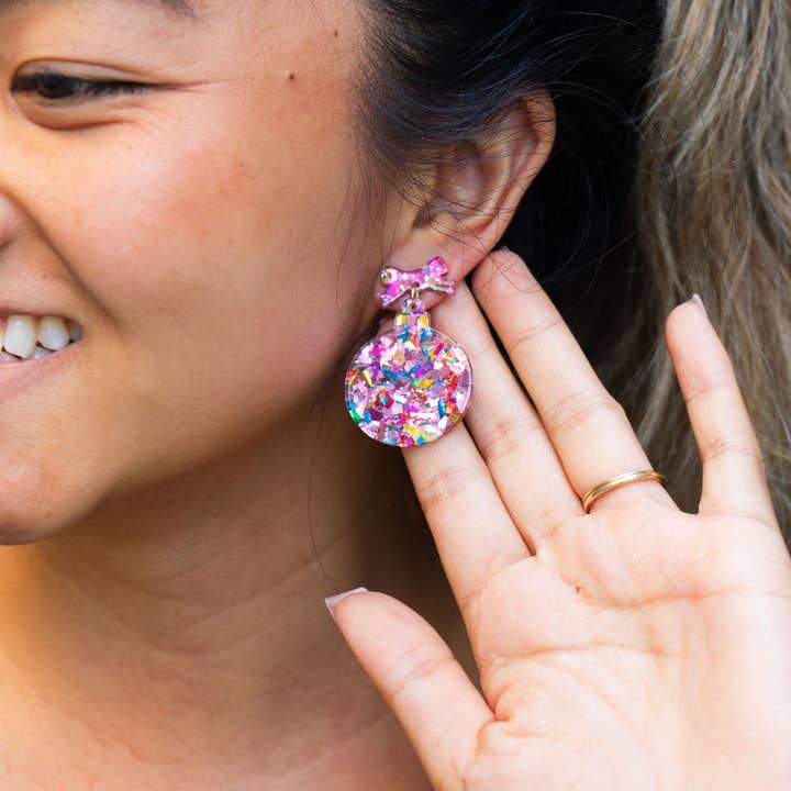 Spiffy & Splendid - Wholesale Dangle Earrings - Christmas Ornament Earrings - Light Pink Sparkle // Holiday