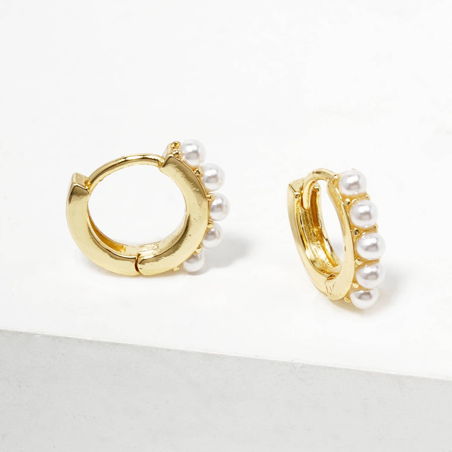Verita Lane - Wholesale Huggie Earrings - 18k Gold Dipped Pearl Beaded 10mm Dainty Huggie Hoop0