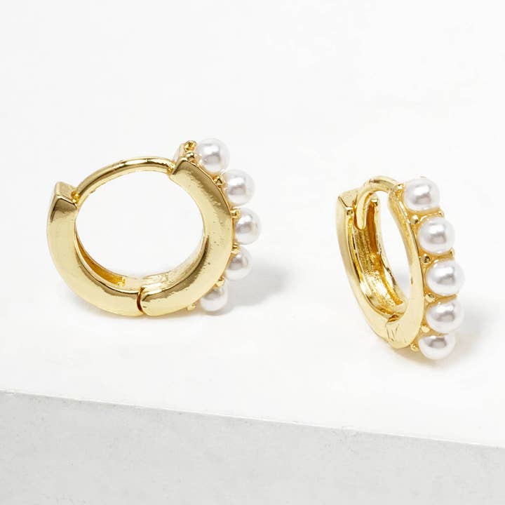 Verita Lane - Wholesale Huggie Earrings - 18k Gold Dipped Pearl Beaded 10mm Dainty Huggie Hoop0