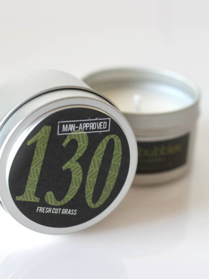 No. 130: FRESH CUT GRASS // Natural Soy Candle // 6 oz tin for wholesale by Coco & Bubbles