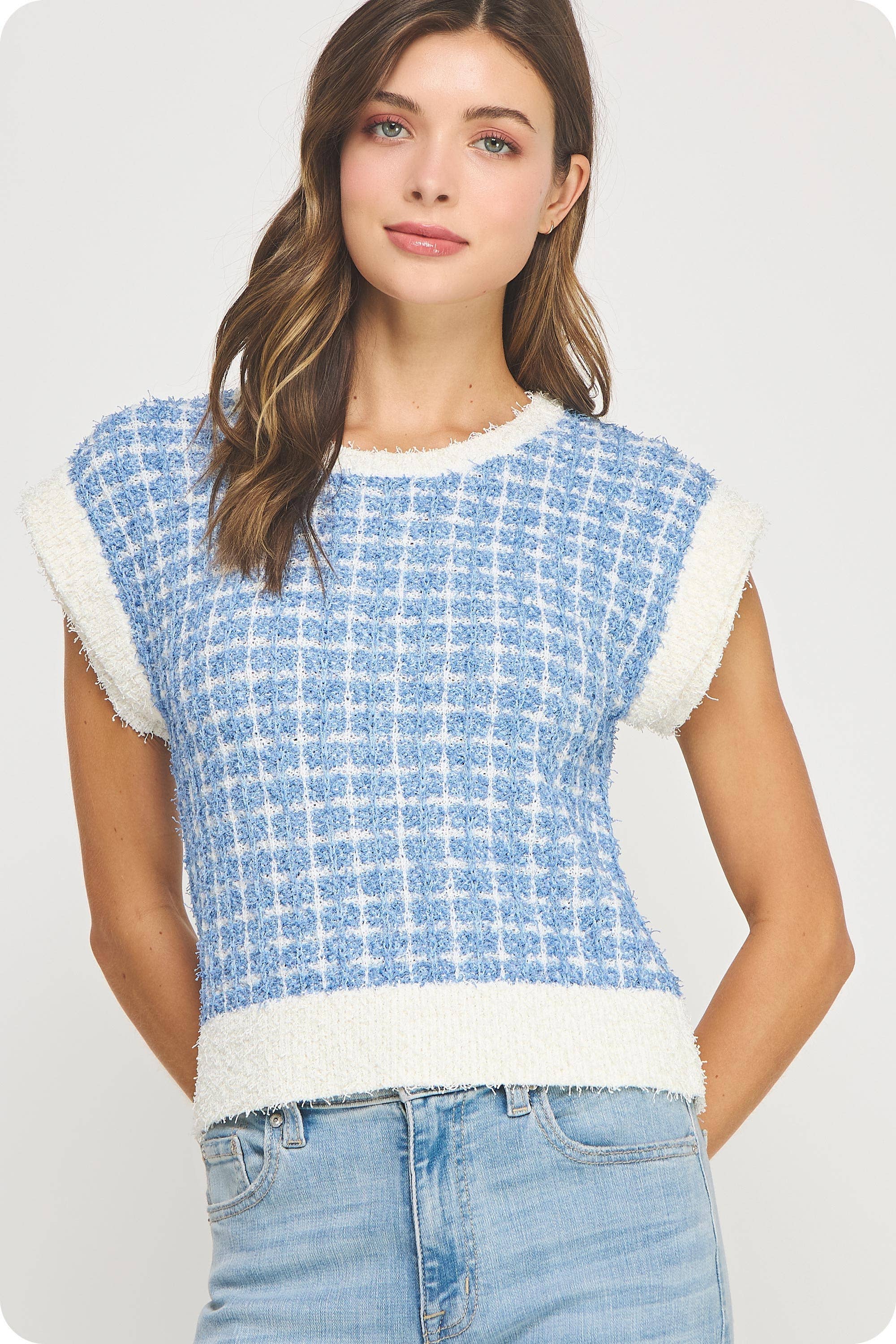 Strut & Bolt - Wholesale Blouse - Women's - Sleeveless Check Tweed Knit Sweater Top14