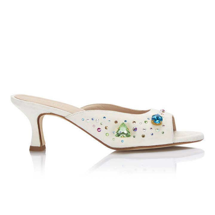 The Moment Peep Toe Kitten Heel - Ivory Suede/Multicolour Crystals for wholesale by Nicki Hoyne