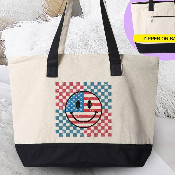 Bolso de lona con forma retro de cara sonriente del 4 de julio para venta al por mayor de House Of Rodan