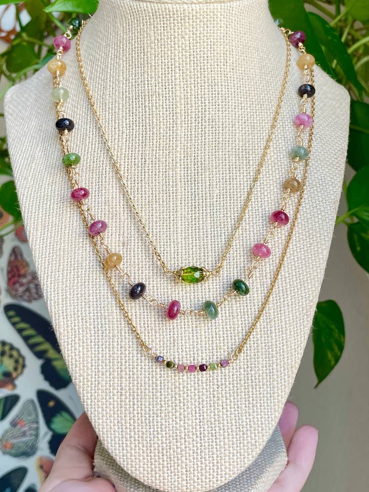Watermelon Tourmaline Crystal Necklace Set for wholesale by Bohindie Silver