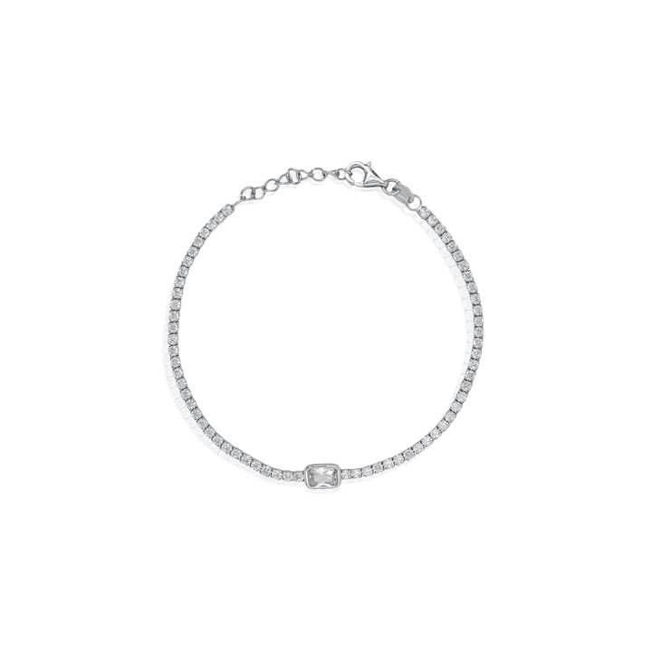 Bracciale Tennis con Zirconi Cubici Taglio Rettangolare con Castone Placcato in Rodio per la vendita all'ingrosso da parte di Aurora Jewels