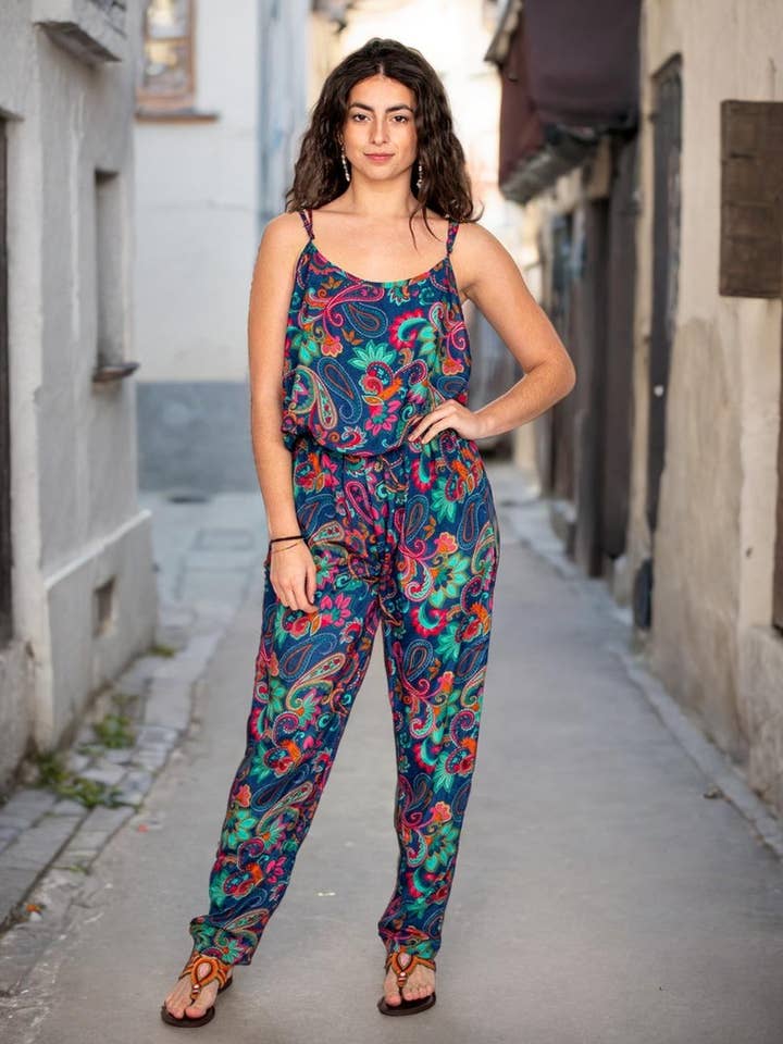 Blue printed long silk jumpsuit with adjustable straps for wholesale by Kimago Look
