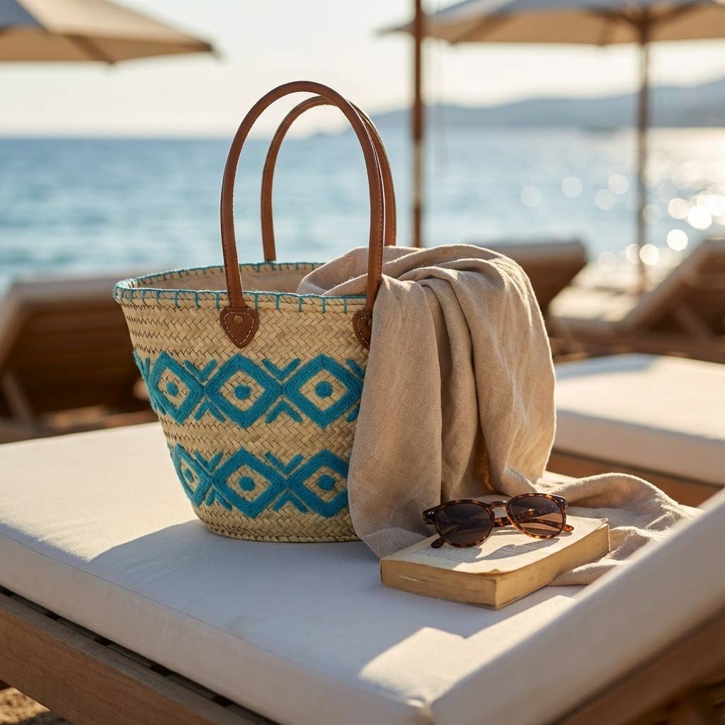 Melecraft - Vente Paniers - Cabas de marché en paille brodé d'arabesques avec poignées en cuir13