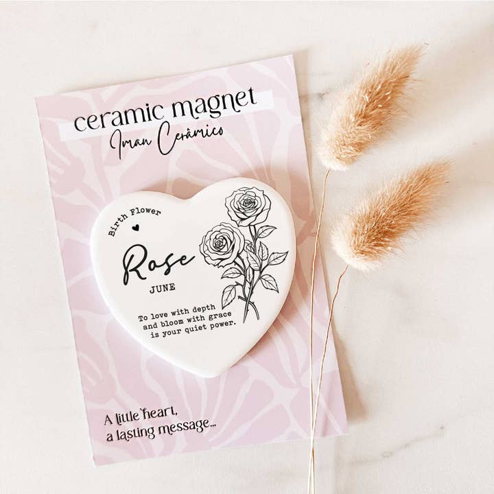 Aimant Fleur de Naissance – Rose - Juin | Cœur en Céramique pour la vente par Tsuki Box