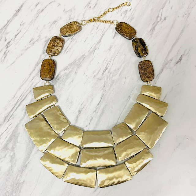 Anita K By Blushing Pink - Wholesale Bib Necklace - Hammered Gold Chunky Bib Necklace with Bronzite Stone0