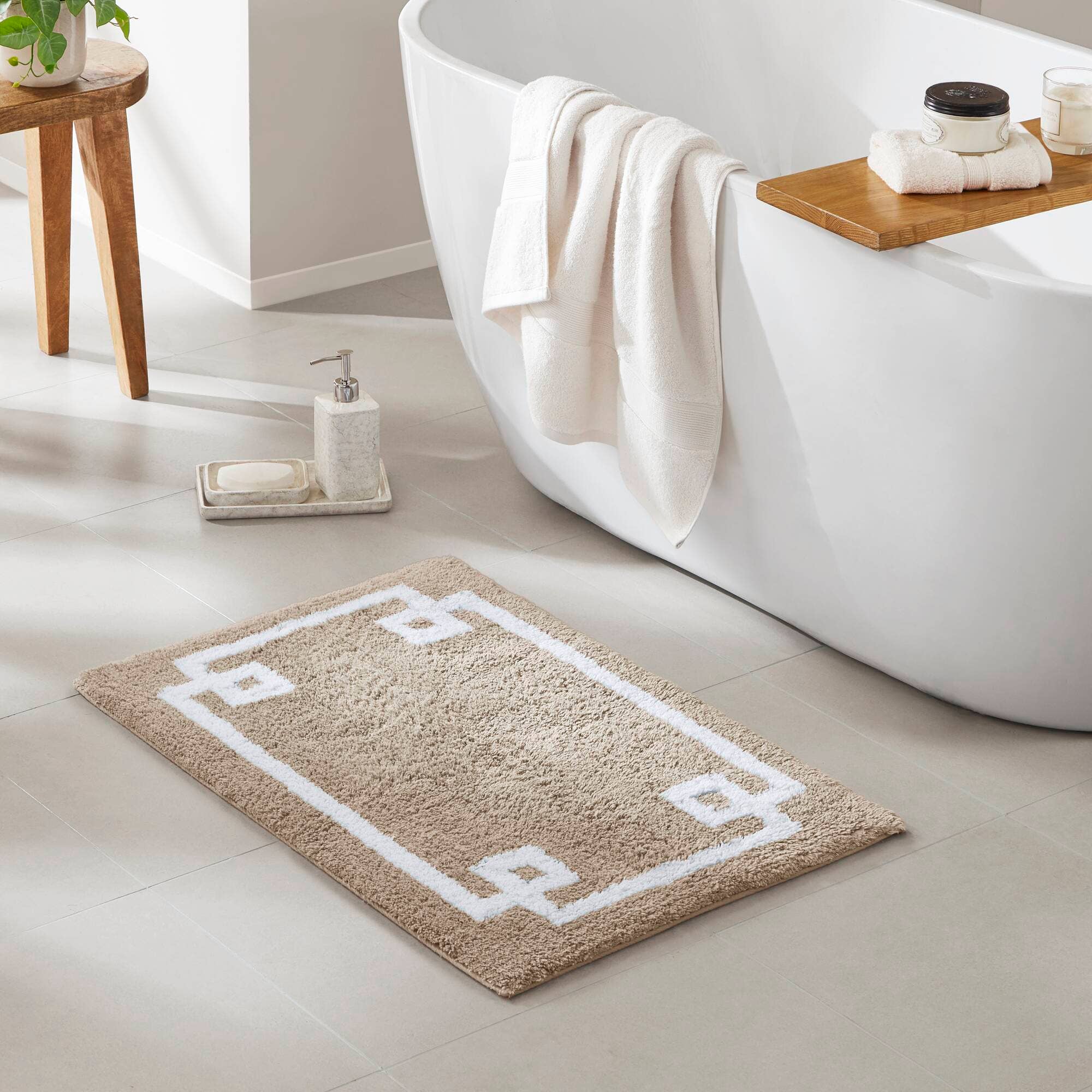 Olliix - Wholesale Bath Mat - High Pile Bordered Bathroom Rug, Taupe0