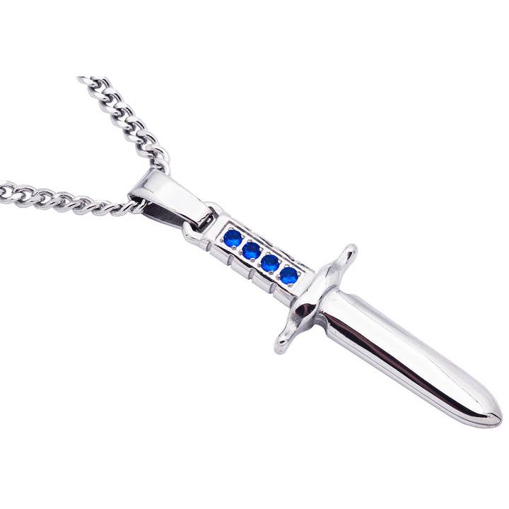 Men's Blue CZ S.Steel Dagger Pendant for wholesale by Blackjack Mens Jewelry