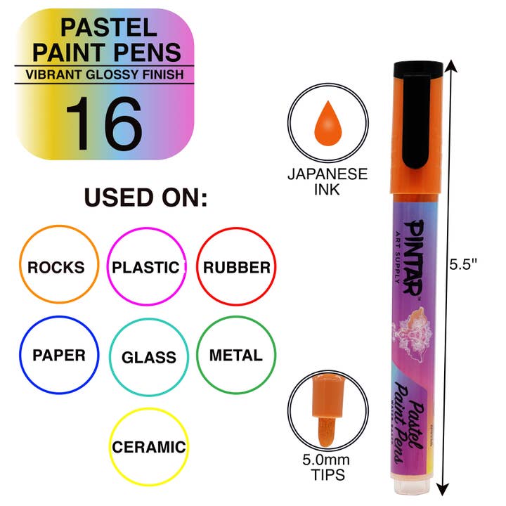 Pintar Art Supply - Wholesale Marker - PINTAR Art Supply 16 Pack Acrylic Premium Vibrant Pastel Paint Pens Medium Tip 5.0mm Tips, Glossy, Japanese Ink Use On Rocks, Glass, Ceramic, Plastic
