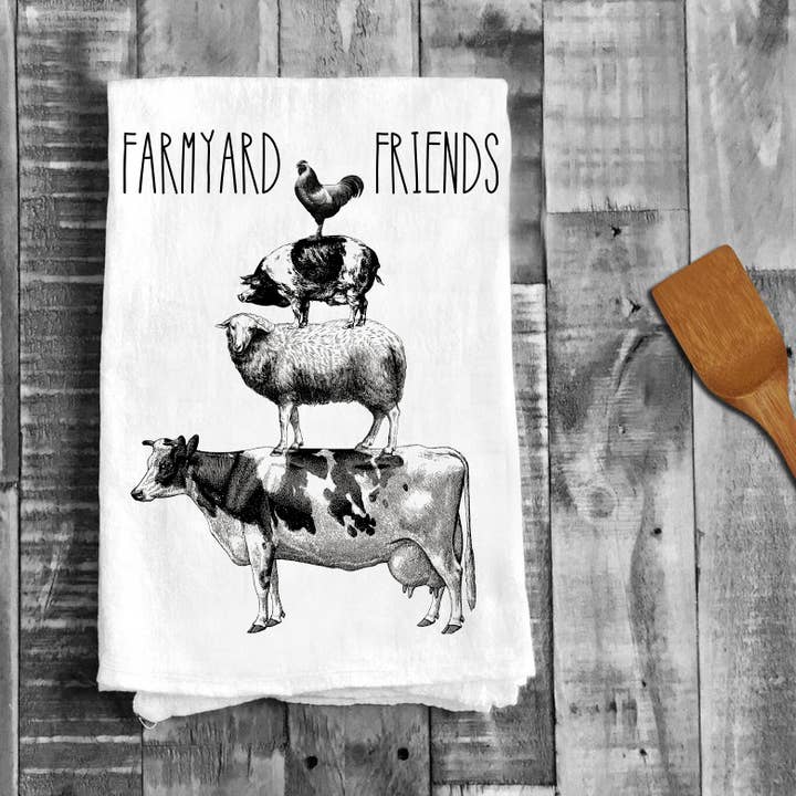 Farmyard Friends Cow Sheep Pig Chicken, Cotton Tea Towels for wholesale by Avery Lane Gifts