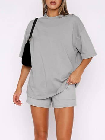 HIDDENBRAND - Wholesale Lounge Set - Women's - Half Sleeve Basic T-shirt 2 Piece shorts Set12