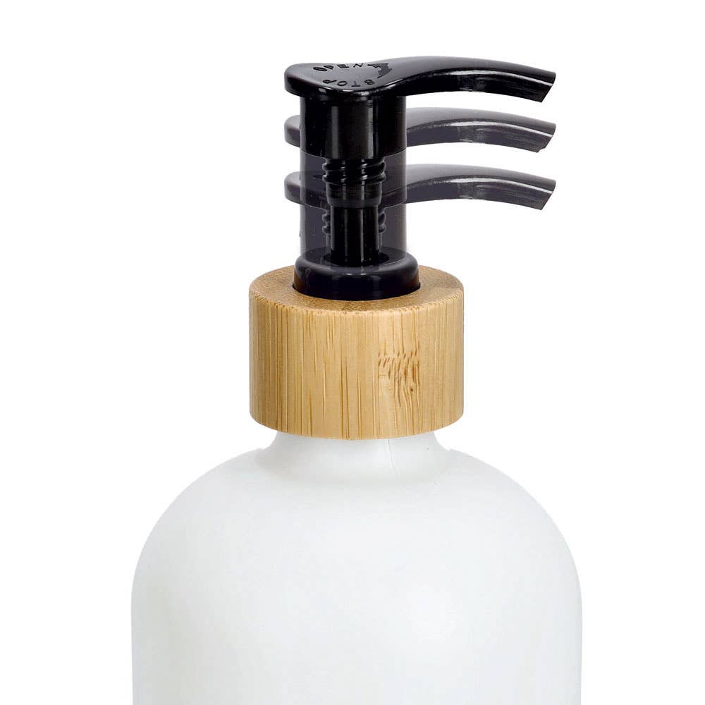 black white Soap dispenser set, 3-piece, glass/bamboo for wholesale on Faire1