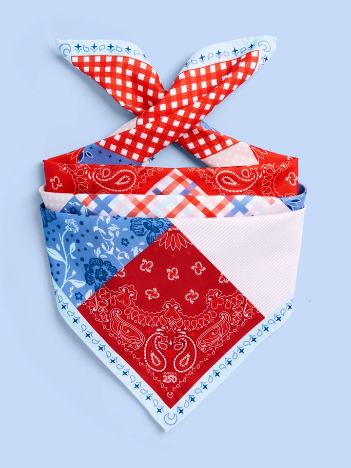 America 250 Patchwork Headscarf | patriotic bandana for wholesale by xo, Fetti