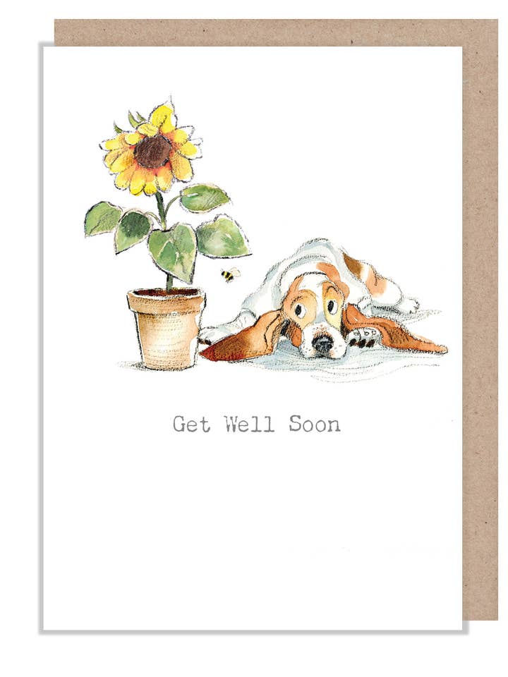 Carte de prompt rétablissement - Basset avec tournesol - ABE118 pour la vente par Paper Shed Design Ltd