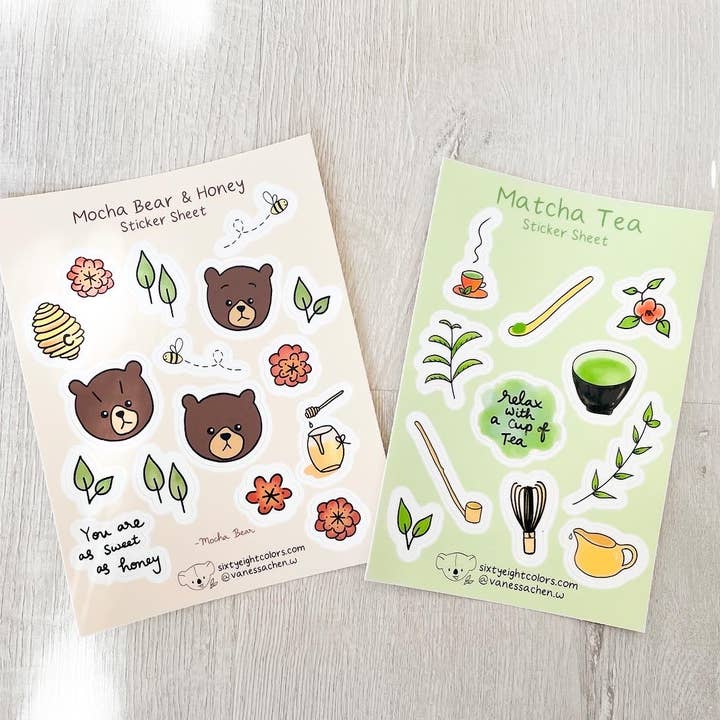 Sixtyeightcolors - Vendita all'ingrosso Adesivo - Foglio di adesivi Mocha Bear e Honey, simpatici adesivi in vinile1